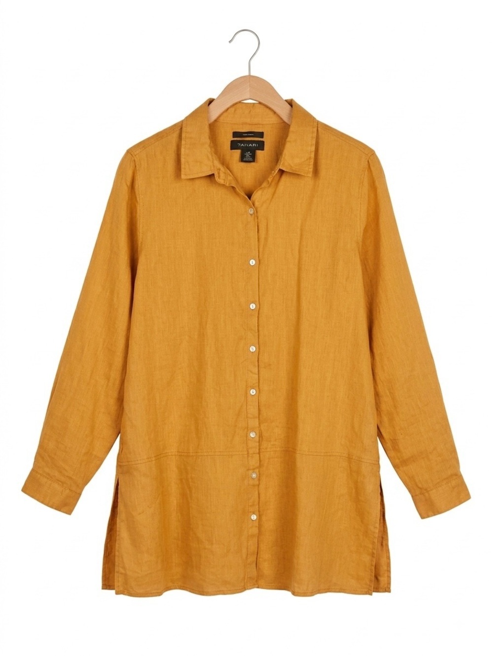 TAHARI 100% Linen Roll Tab Sleeve Tunic Shirt Large Mustard Yellow Resortwear
